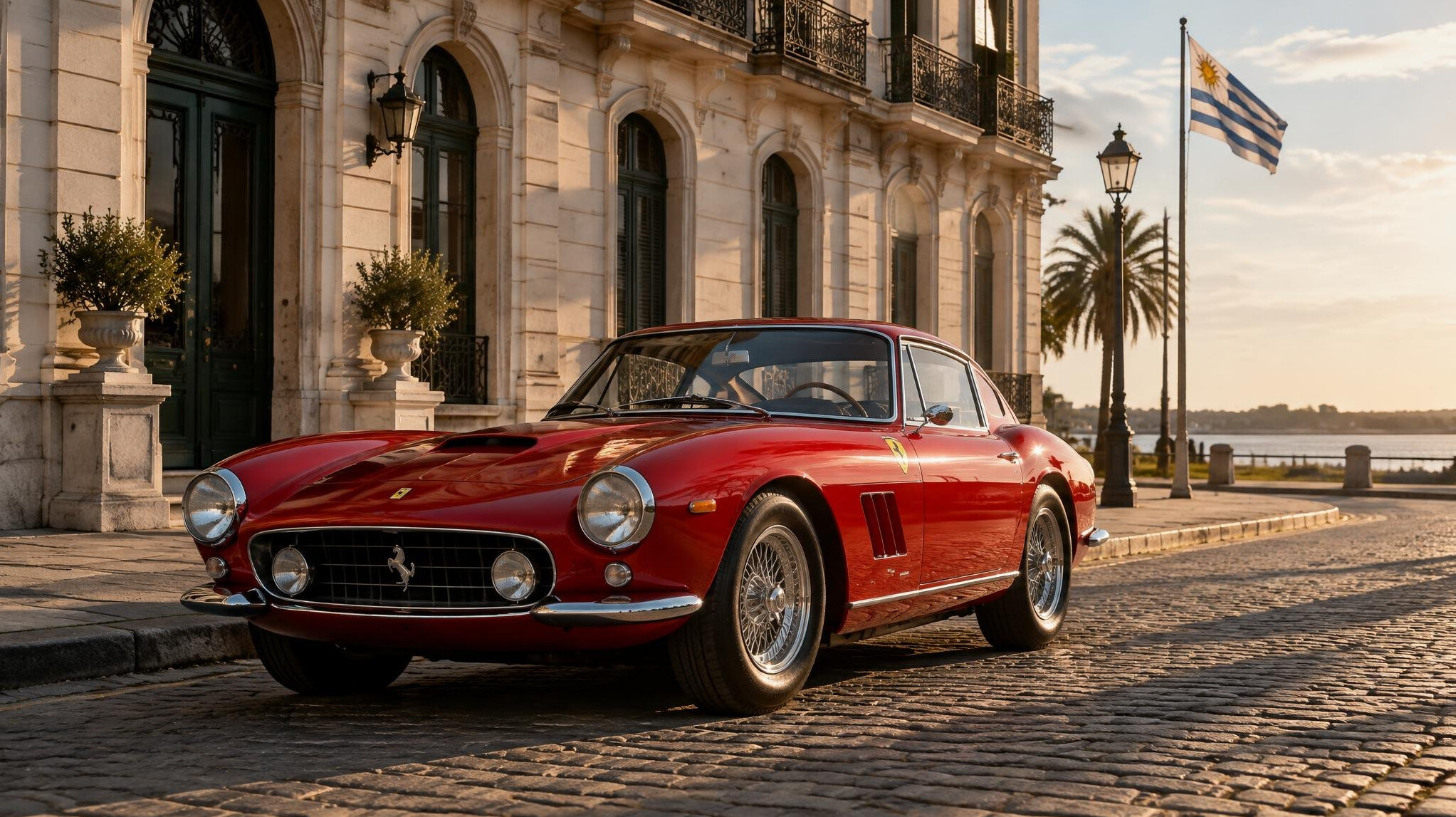 Classic red Ferrari parked in front of a colonial building in Uruguay
